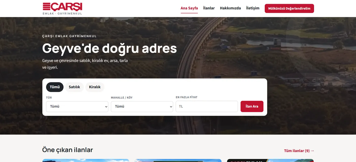 Çarşı Emlak web sitesinin ana sayfası