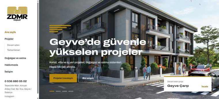 ZDMR İnşaat web sitesinin ana sayfası